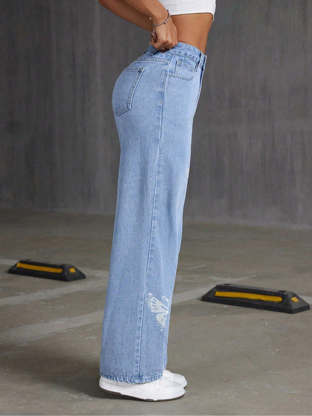 Womanjeans Cross-Border Y2K Rhinestone Butterfly Jeans Spring and Autumn Straight Slim Long Pants for Women with Rhinestone Decoration
