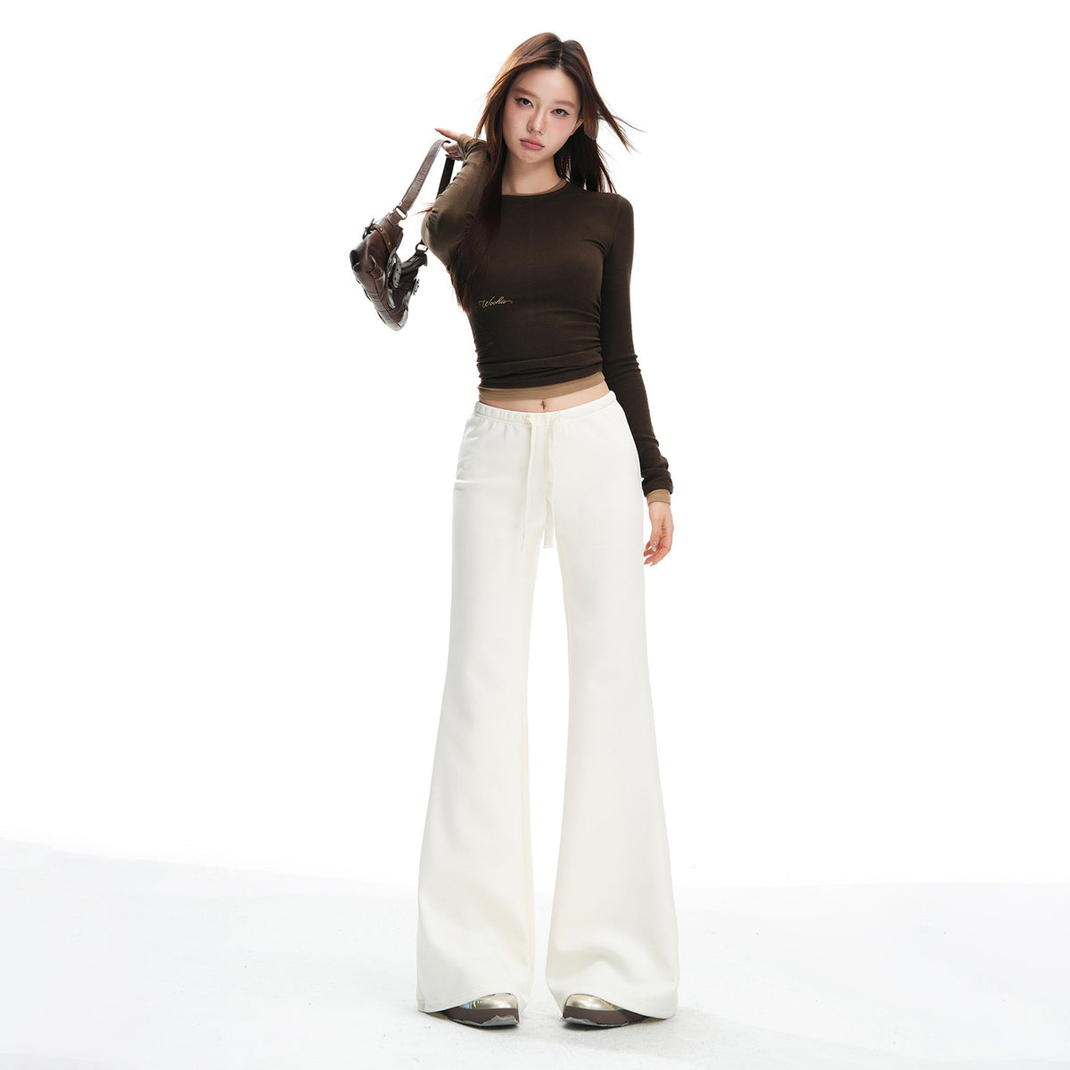 American Fashion Versatile Trendy Casual Pants for Women Early Autumn New Drawstring Mid-Waist Soft Drape Loose Flared Pants