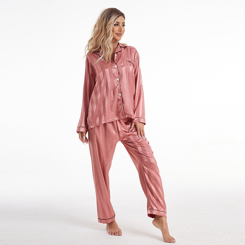 Ladypajamas Export Large Size Imitation Silk Thick Striped Long Pants Long-Sleeved Home Wear Pajamas Set Breathable