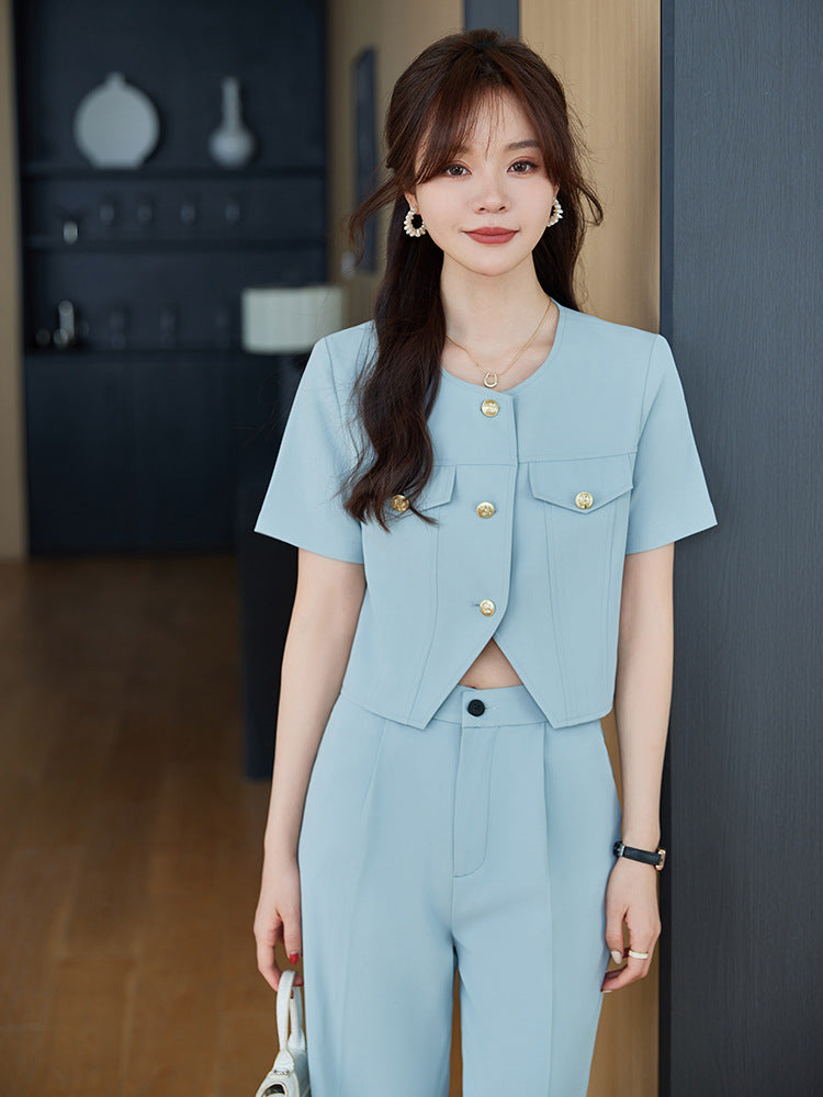 Short Suit Set for Women, High-End Style, 2025 Spring New Model, Elegant Goddess Style Suit with Wide-Leg Pants, Two-Piece Set
