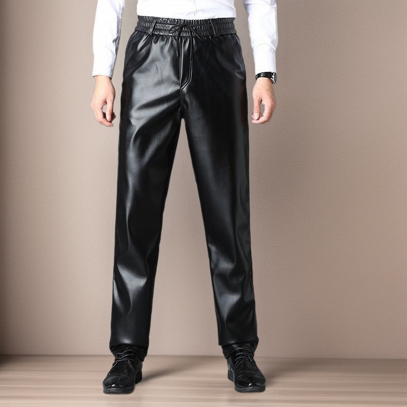 Leather pants men's fleece-lined thickened middle-aged and elderly men's leather pants work pants Waterproof high waist loose autumn and winter PU leather