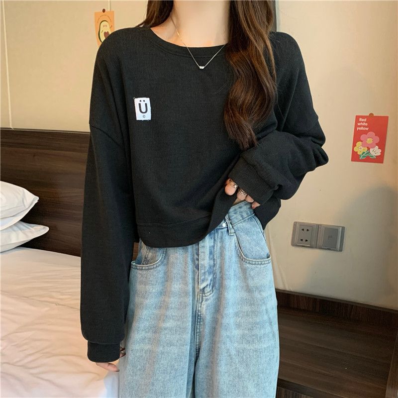 Short Sweatshirt for Women, Spring and Autumn Thin Style, 2025 New Korean Version, Loose Fit, Versatile for Students, Hong Kong Style Chic, Hoodless Top