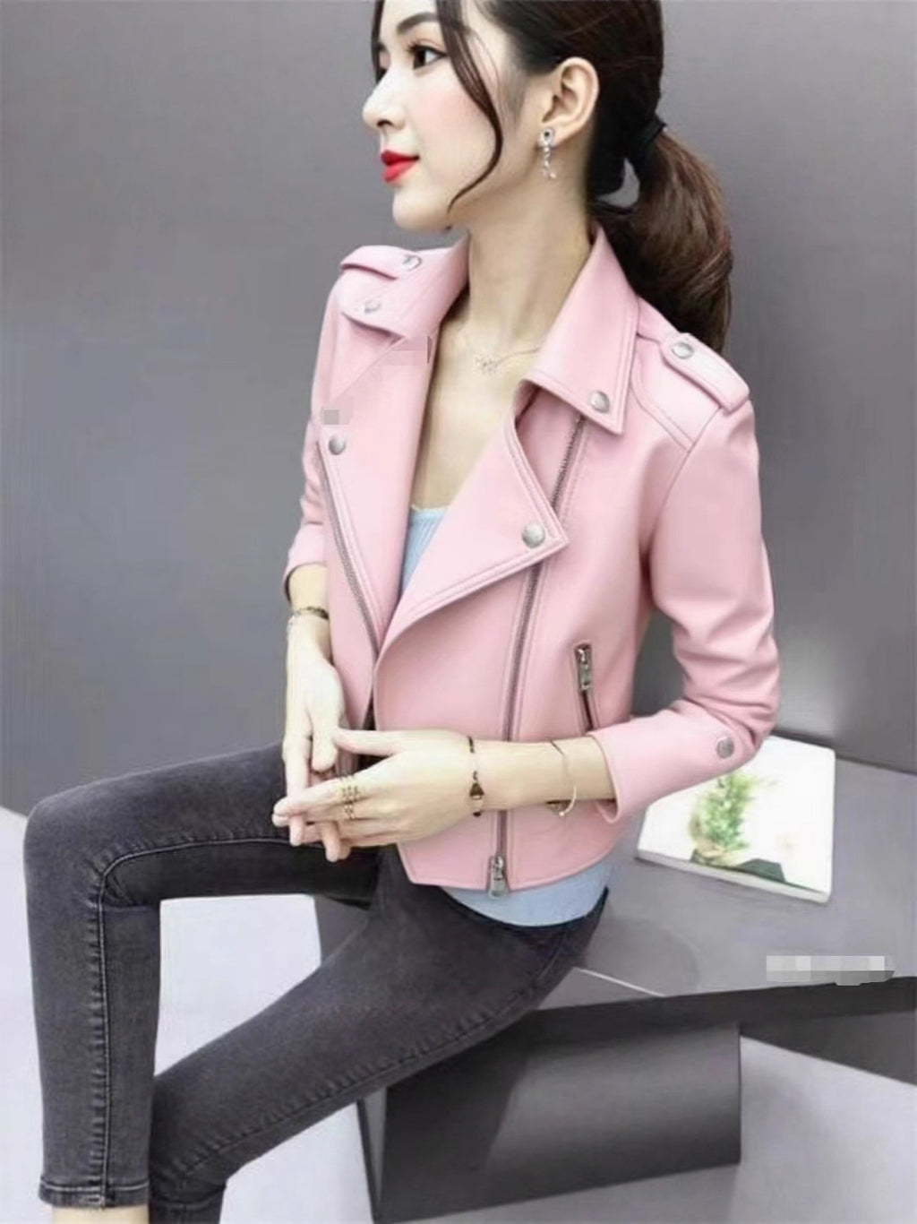 2025 Women's Leather Jacket Autumn Korean Style Slim Fit Motorcycle Pu Leather Casual Versatile Jacket