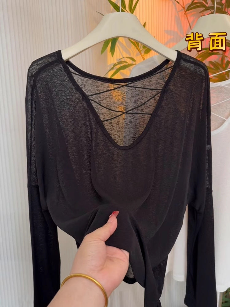 Long-Sleeved T-Shirt for Women Early Autumn 2025 New Design Niche Thin Backless Cross Top Bottoming Shirt Inner Wear