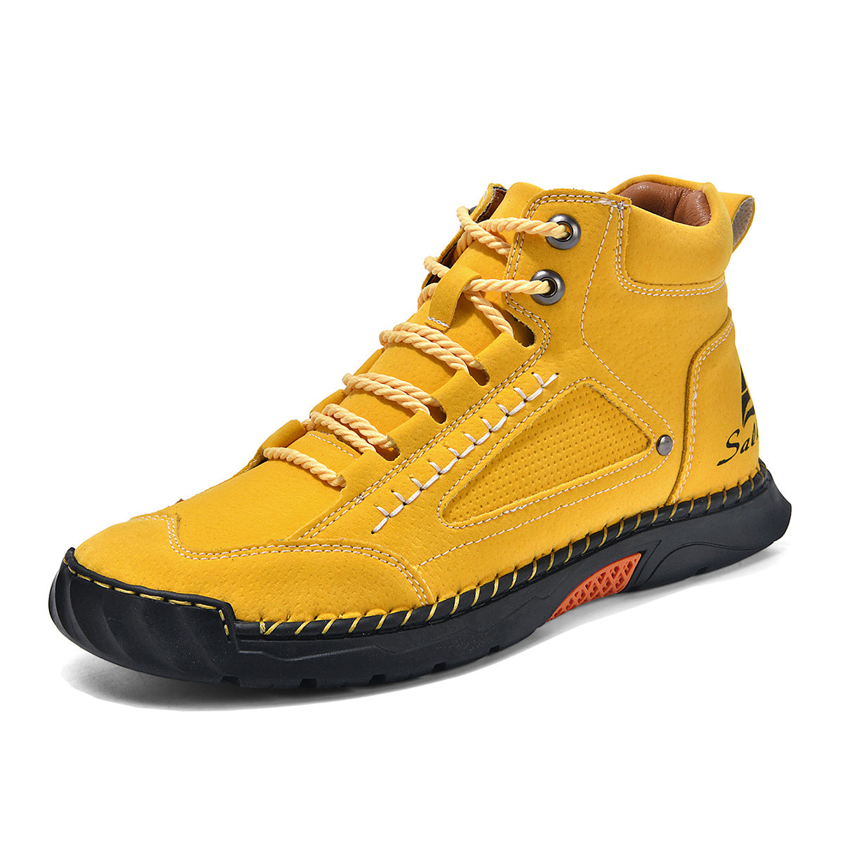 Cross-Border Plus-Size Men's Pu Leather Boots, Men's Fashion Handmade Stitched Ankle Boots, Flat Lace-Up Casual Shoes