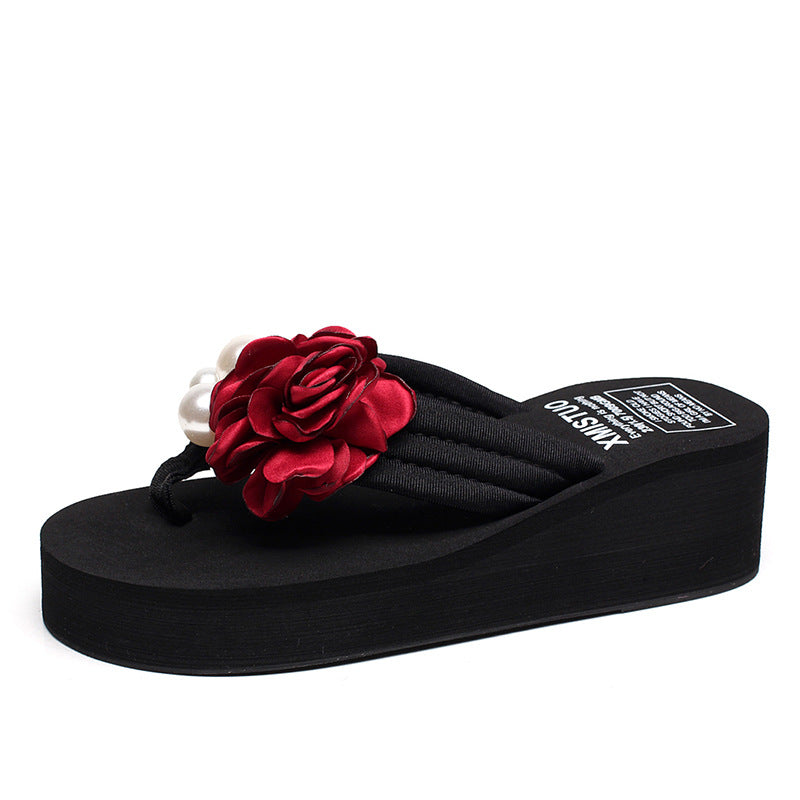 Cross-Border Beach Slippers for Women Summer Outer Wear Thick-Soled High-Heeled Sandals for Women Seaside Flower Wedge Flip-Flops Breathable