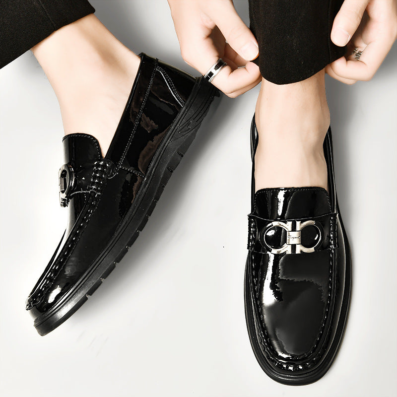 Amazon Large Size 47 Cowhide Loafers Men's Mirror Glossy Plaid Embossed British Casual Business Slip-On Leather Shoes