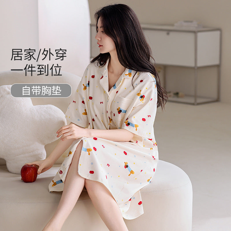 Pajamas for Women, Summer Pure Cotton Short-Sleeved Nightgown, Cardigan, Casual Loose, Large Size Mid-Length Skirt with Breast Pads, Can Be Worn Outside