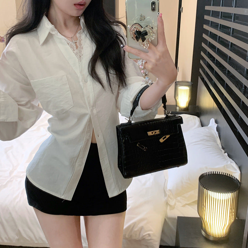 waist lace stitching lapel fake two long sleeve shirts