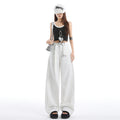 Spring and Autumn Retro High-Waist Belt Design Wide-Leg Pants for Women New Loose Slimming Versatile Drapey Floor-Length Jeans for Women