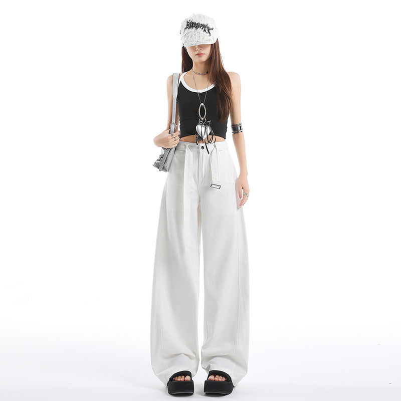 Spring and Autumn Retro High-Waist Belt Design Wide-Leg Pants for Women New Loose Slimming Versatile Drapey Floor-Length Jeans for Women