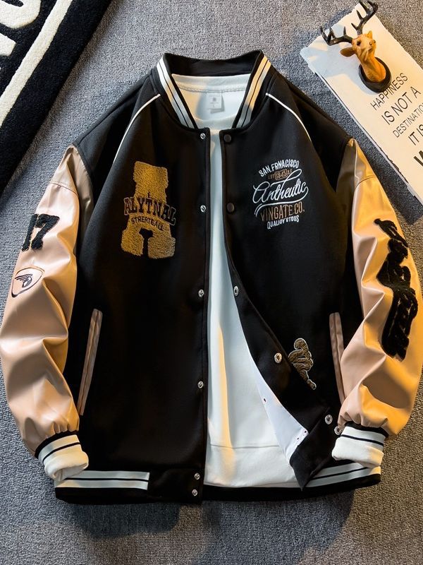 Spring and Autum Contrasting Color American Embroidered Leather Sleeve Jacket Men's/ women's  Korean Style Trendyy Baseball Uniform Autum Casual Student Jacket