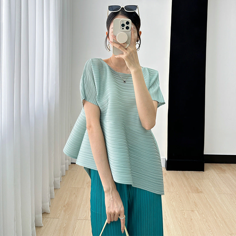 Foreign trade sanzhai top for women 2023 new loose slimming irregular versatile high-grade pleated t-shirt for women