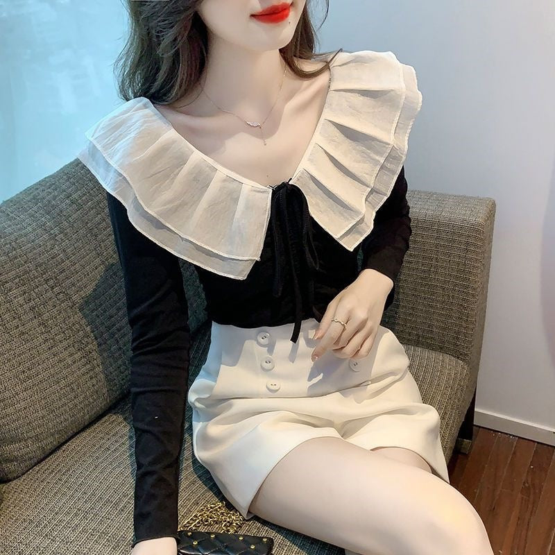 Pure Desire Hot Girl One-Shoulder Long Sleeve T-Shirt for Women 2024 Autumn New Style with Unique Ruffle Design Short Top