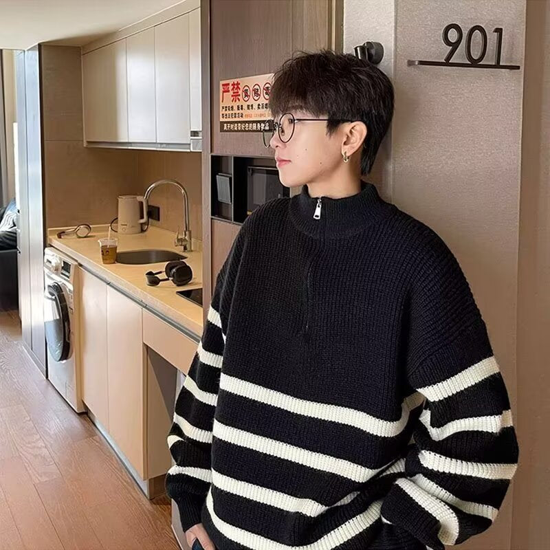 Half Zip Vertical Collar Sweater Men's 2024 Autumn and Winter Lazy Style Loose Striped Sweater Coat Sweater Trend