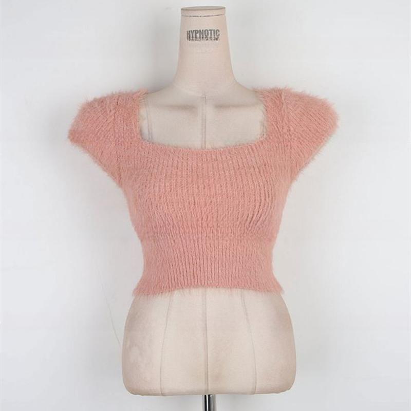 South Korea's Dongdaemun New Style Furry Comfortable Short-Sleeved Square Collar Slim Short Style Figure-Flattering Versatile Knitwear T-Shirt for Women