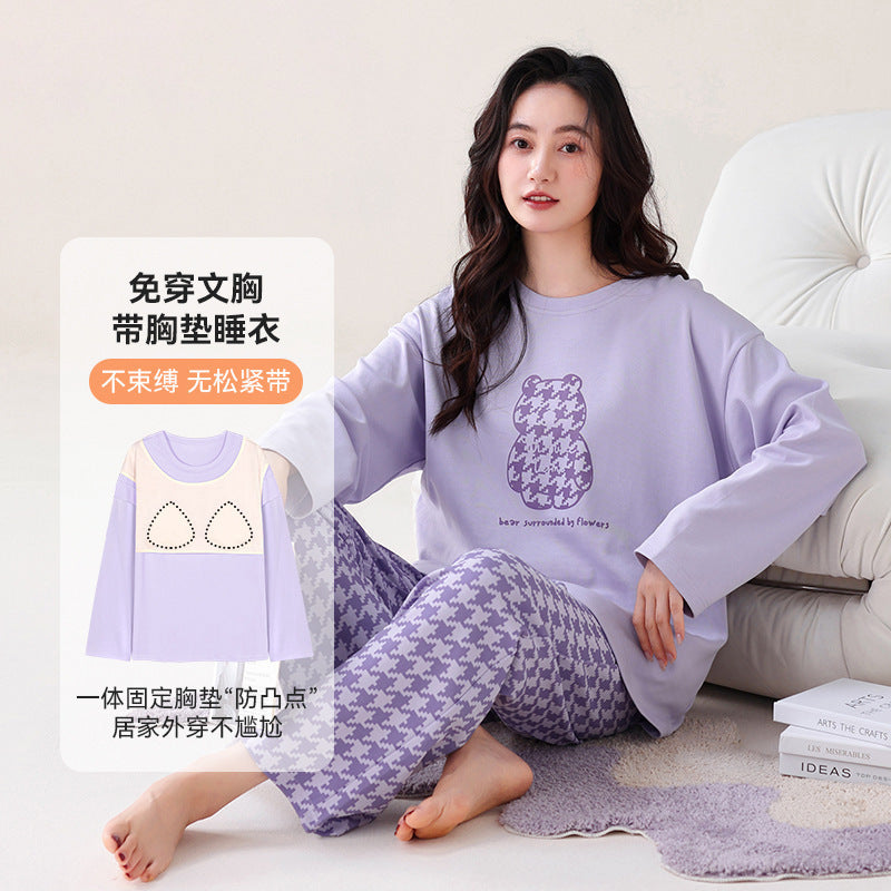 Pajamas for Women New Double-Sided Cotton Pajamas Fashionable Round Neck Long Sleeves with Chest Pads Hooded Women's Home Wear Set