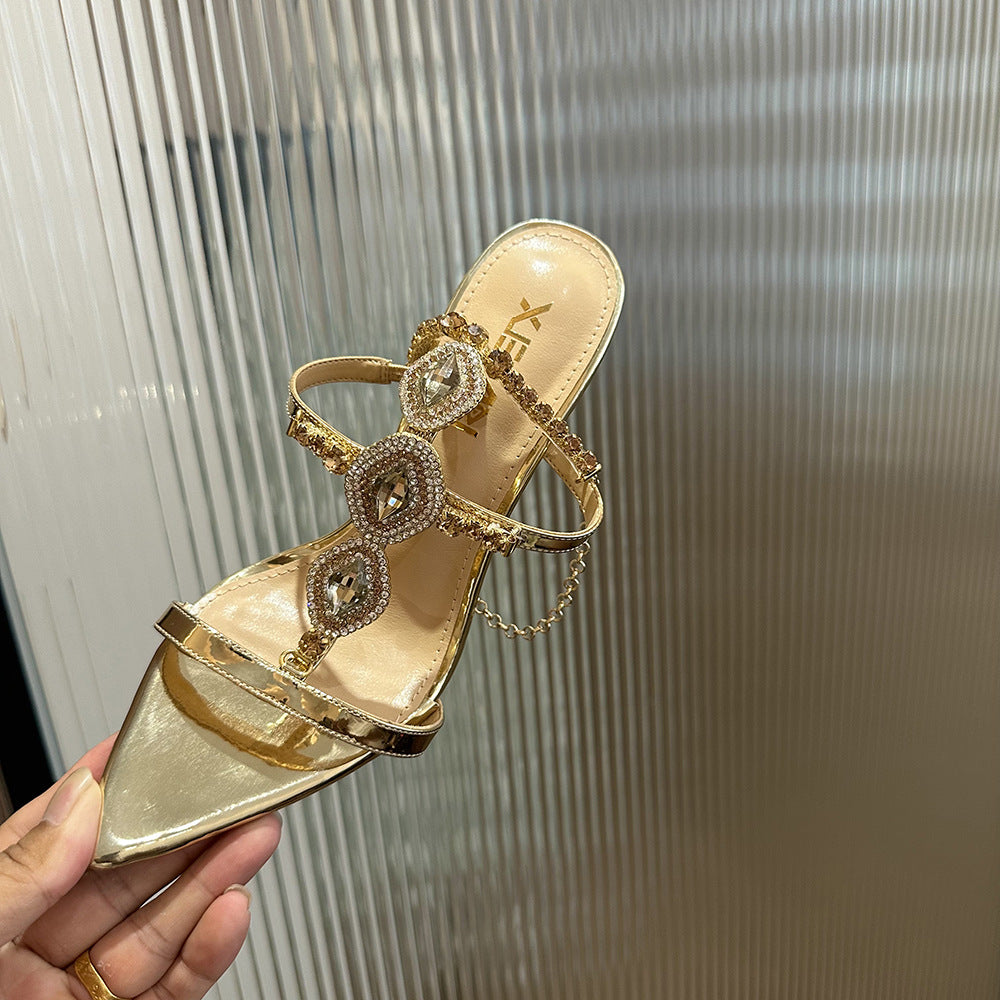2025 Summer Sexy Banquet Nightclub Rhinestone Crystal Buckle Straight Buckle Sandals Pointed Toe Stiletto High Heels Women's Gold