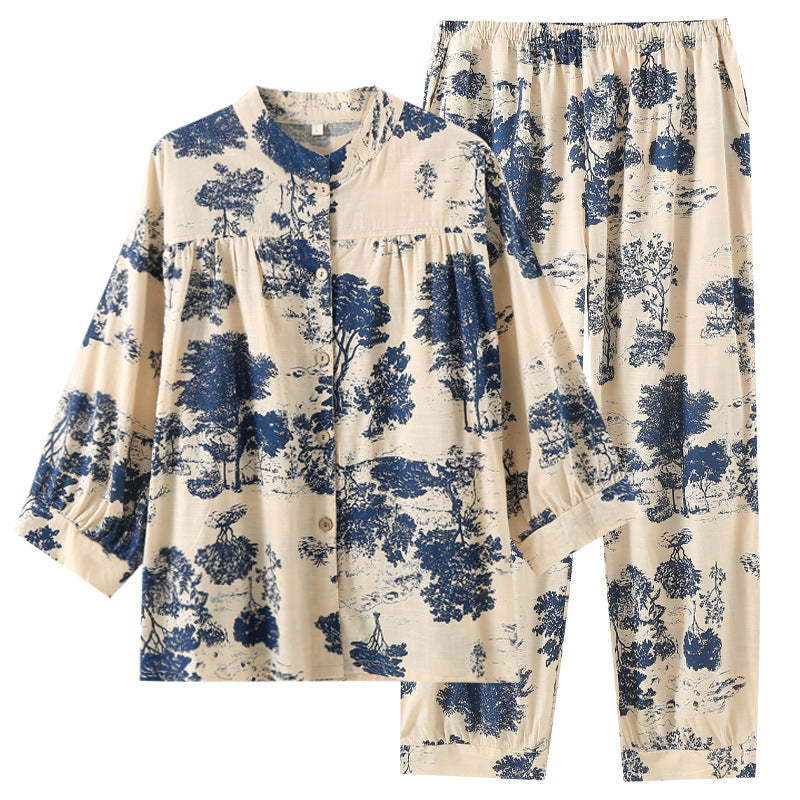 Pajamas Women's Summer Slub Cotton Internet Popular Korean Style Home Clothes Loose Casual Cropped Sleeve Trousers Simple Home Clothes