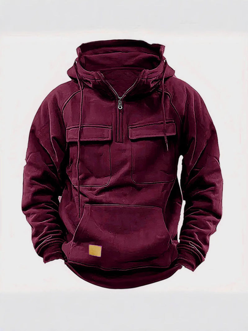Cross-Border Men's Half-Zip Hooded Sweatshirt, Retro Workwear with Multiple Flap Pocket Pantss, Loose Casual Pullover Hoodie