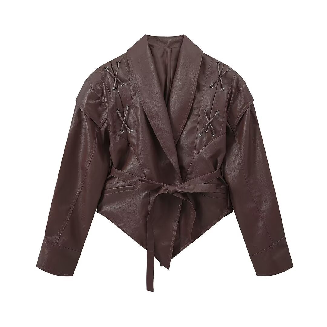 Cross-Border Aliexpress European and American Style Hot Style 2024 New Women's Clothing 4-Color Motorcycle Style Pure Color Strappy Waist Leather Jacket