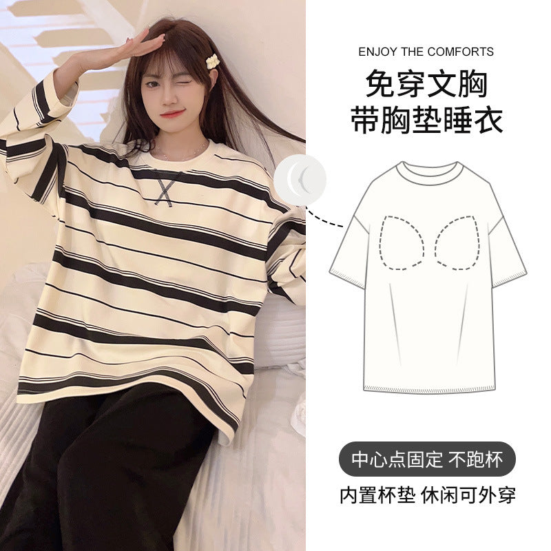 New Style Long-Sleeved Women's Pajamas with Breast Pads, Autumn and Winter Casual Striped Home Clothes That Can Be Worn Outside