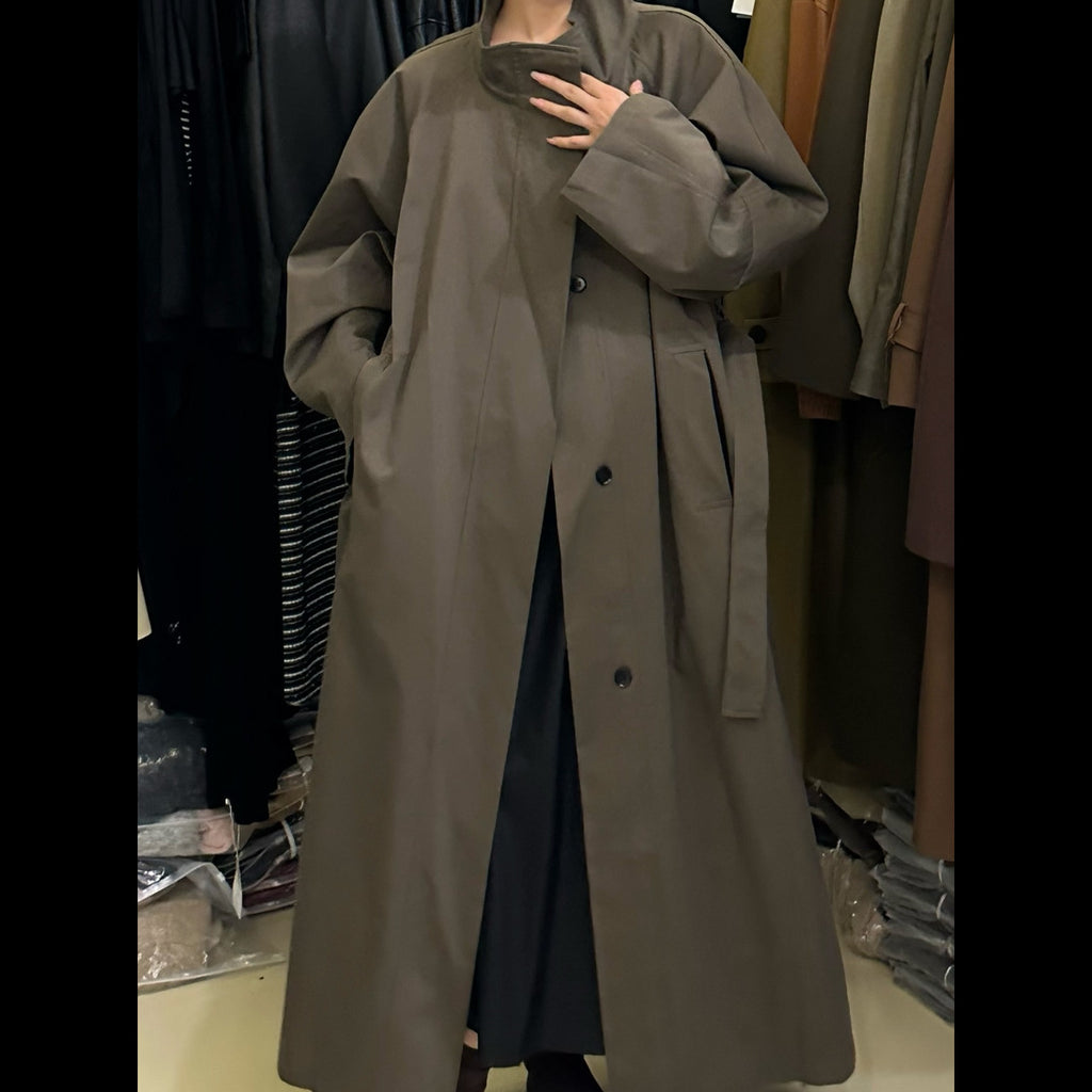 2026 Autumn High-End Stylish Minimalist Chic Lazy Style Solid Color Long Stand Collar Trench Coat for Women