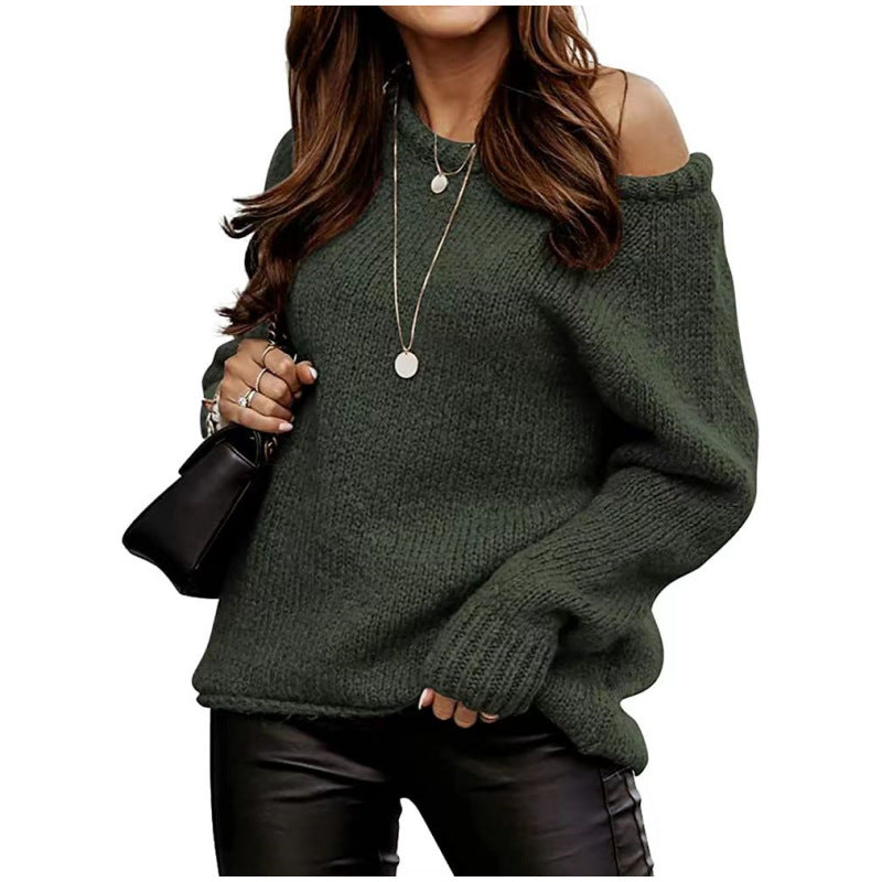 Cross-Border Amazon Autumn and Winter Off-Shoulder Sexy Round Neck Pullover Sweater Solid Color Casual Loose Large Size Sweater for Women