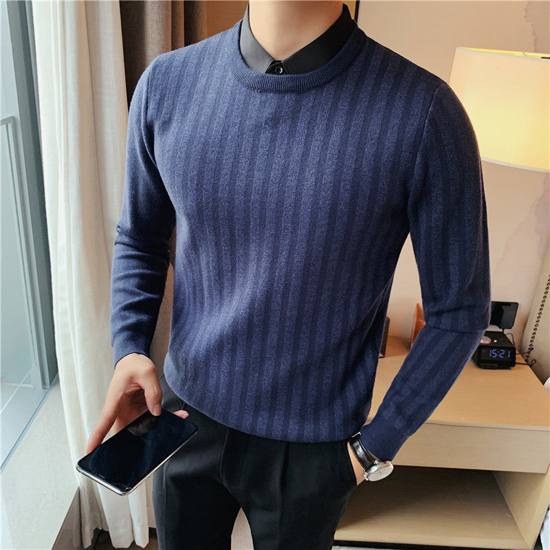 Fake Two-piece Sweater 2022 Autumn Men's Textured Striped Shirt Collar Sweater Pullover Stretch Casual Sweater for Men