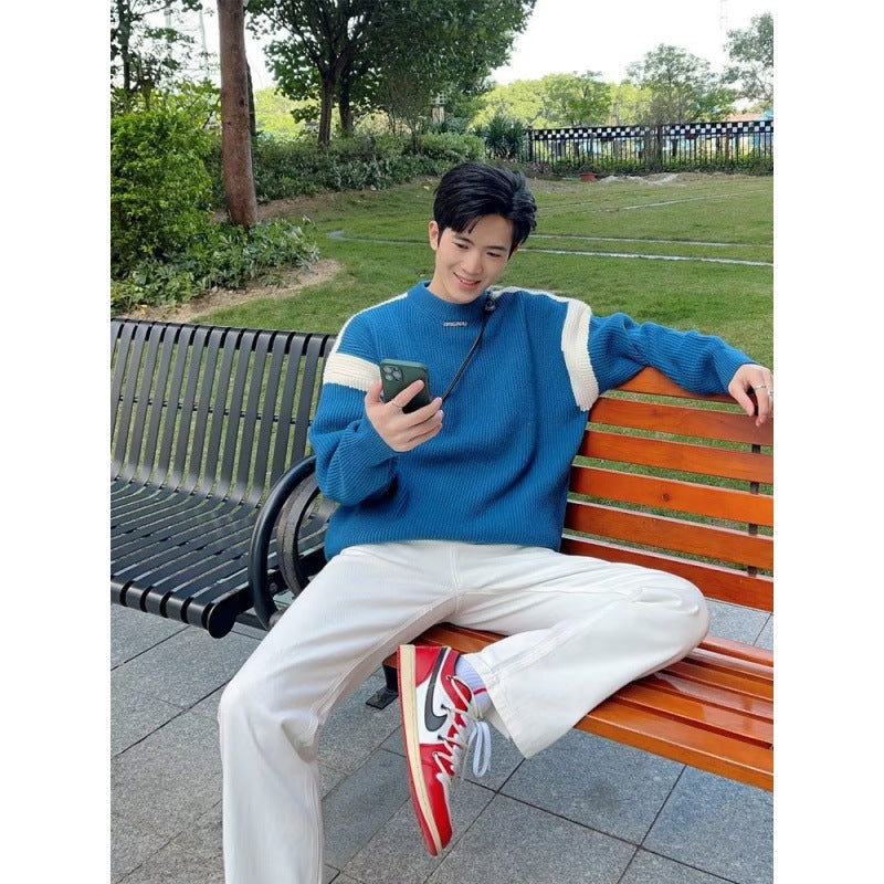 Contrast color sweater men's autumn and winter New round neck long sleeve sweater fashionable inner bottoming sweater fashionable one-piece delivery