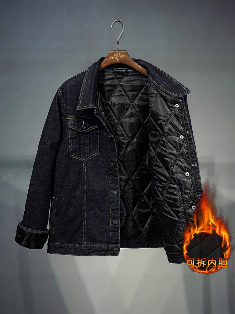 Fertilized Extra Large Elastic Loose Denim Coat fleece-lined Thickened plus size Men's Winter Jacket Warm Quilted Top