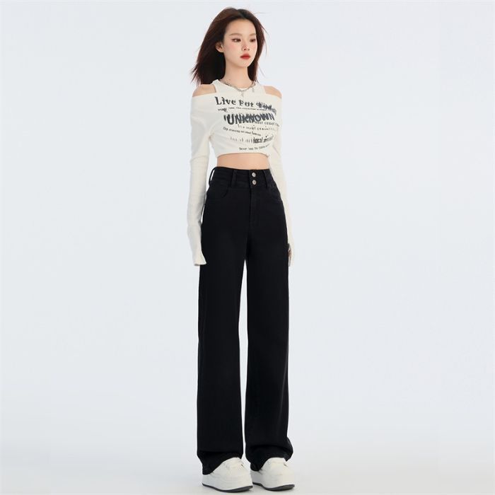 2024 Autumn and Winter New High Waist Double Buckle Slimming Stretch Narrow Straight Jeans for Women JEANS WOMEN