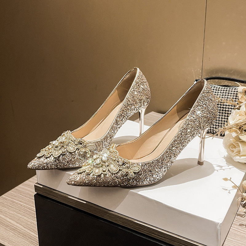 829-11 French High Heels Women's Thin Heel Shallow Rhinestone Shoes Women's Wedding Shoes Dress Bridesmaid Shoes Wedding Bridal Shoes