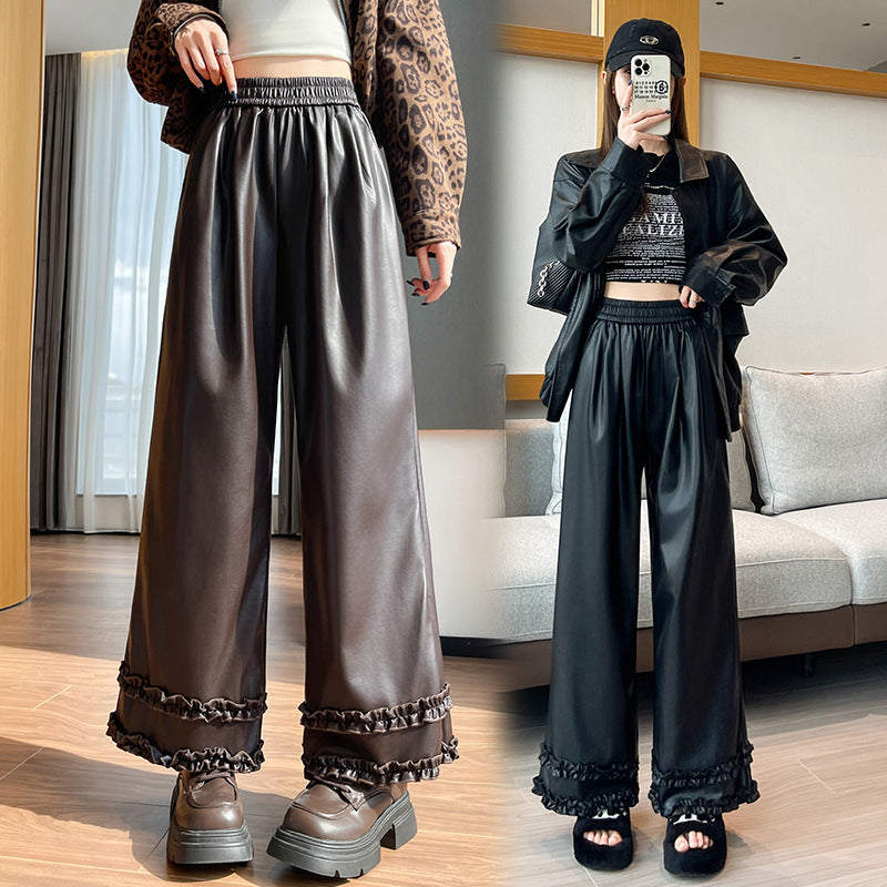 Double-Layer Ruffled Leather Pants for Women 2025 Autumn and Winter Popular High-Waisted Fashion Casual Pants Soft Pu Leather Trendy Cool Wide-Leg Pants