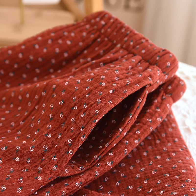 Red Floral Pajamas Women's Spring and Summer Pure Cotton Gauze Double-Layer Thin Long-Sleeved Home Clothes suit