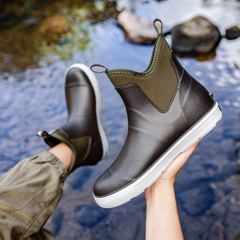 Cross-Border New Brown Men's Rain Boots, Short-Tube Sports Shoes, Fashionable Rain Boots, Waterproof and Non-Slip Outdoor Water Shoes, Wading Rubber Shoes