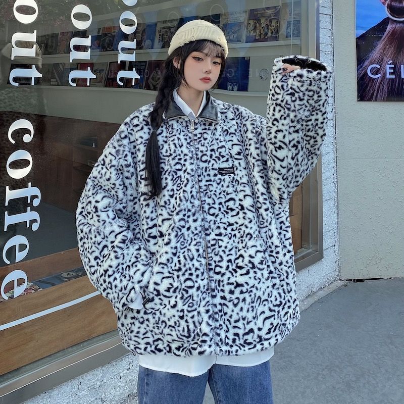 Double Face Wear Leopard Print Thickened Plush Coat Women's Winter New Hong Kong Style Retro PU Leather Coat Student Cotton-padded Jacket Fashionable