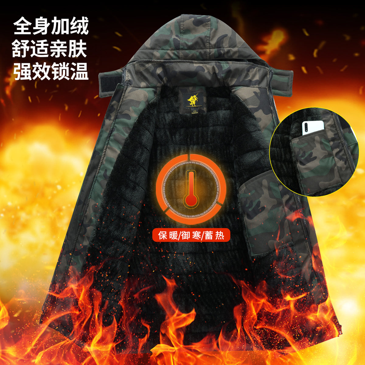 Winter Mid-Length Cotton Work Clothes for Men, Velvet Thickeneded Cotton Jackets, Cold-Proof, Windproof and Warm Camouflage Work Clothes, Military Coats
