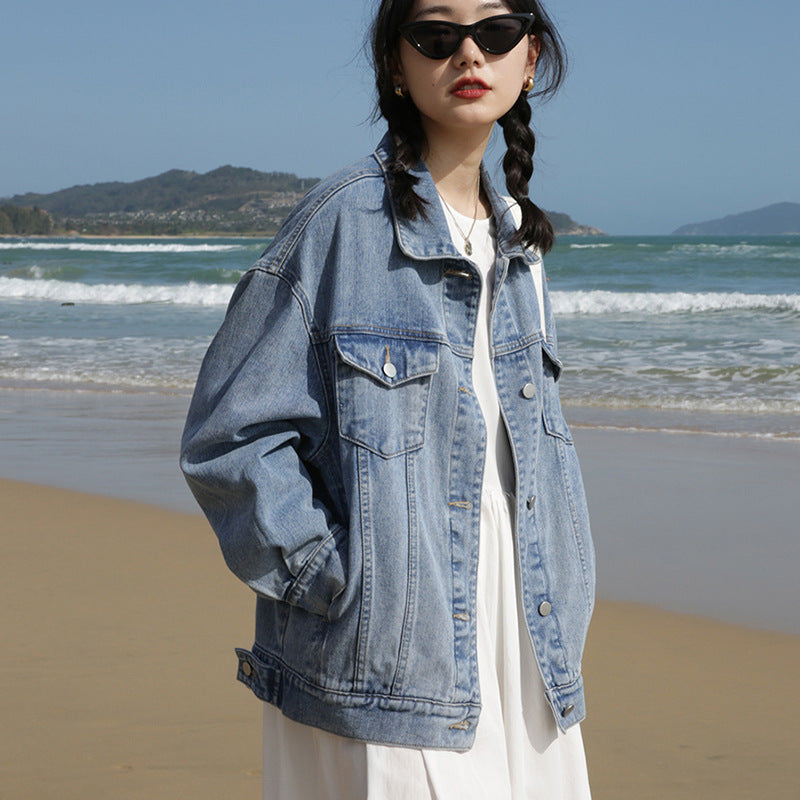 Slim American Retro Denim Jacket Women's Water Style Washed Denim Loose Casual Long-Sleeved Versatile Top Long Ins