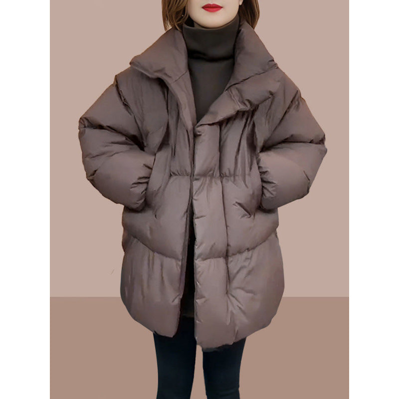 2024 Winter New Fashion Korean Style Mid-length Pocket Stitching Collar Retro Loose Cotton-padded Jacket Women's Coat