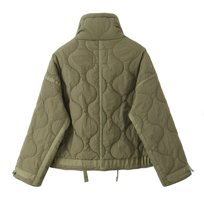 New Autumn and Winter Women's Stand-Up Collar Quilted Cotton Jacket Outwear Patch Pocket Decoration Fashion Loose Casual Cotton Outwear for Women