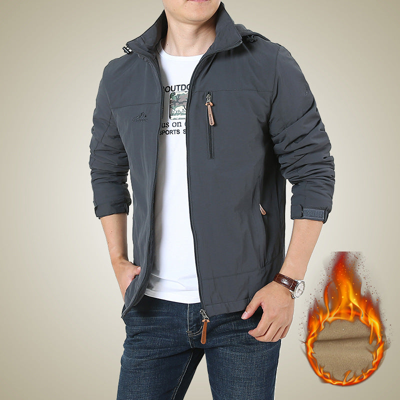 Men's Autumn and Winter Jacket Hooded Business Casual Velvet Thickened Top Waterproof Young and Middle-Aged Hooded Windbreaker Jacket