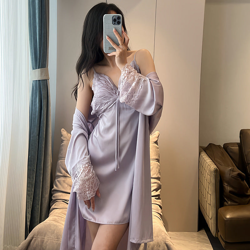 Pajamas Women's Summer Ice Silk Pure Sexy Lace Sling Nightgown Nightgown with Chest Pad Thin Home Clothes Two-piece Set