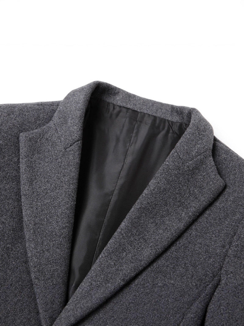 2025 Autumn and Winter Men's Mid-Length Pure Color Woolen Windbreaker European and American Casual Large Size Woolen Jacket Fashionable Men's Clothing
