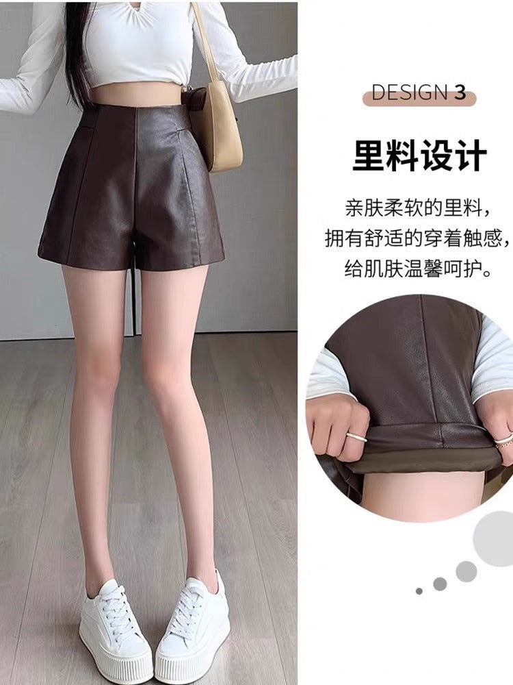Pu Leather Shorts for Women 2023 Spring and Summer New A-Line Leather Pants Slimming High-Waisted Loose Wide-Leg Petite Boot Shorts