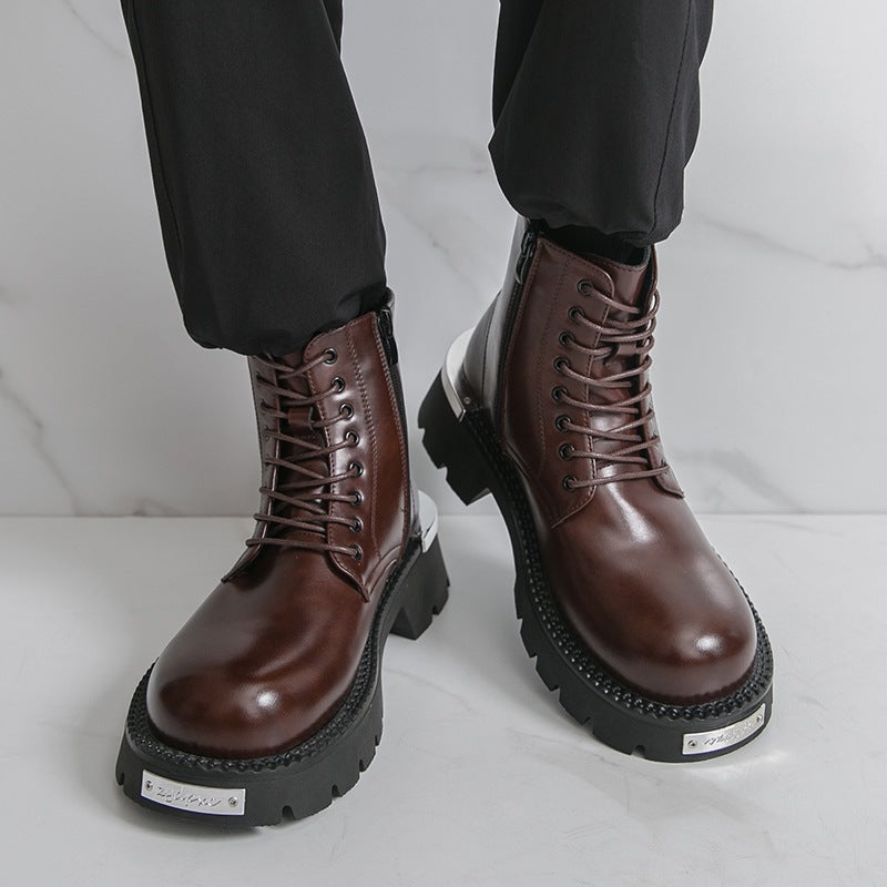 Cross-Border Men's Thick-Soled Heightening Lace-Up Leather Boots British Style Formal Casual Shoes High-Top Leather Shoes Short Boots Large Size Men's Shoes