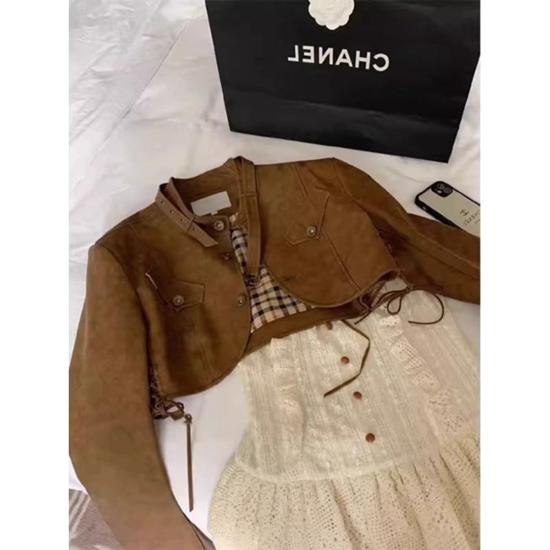 Design Sense Brown Vintage Leather Jacket Women's 2024 Autumn and Winter Short Pu Deerskin Jacket Top
