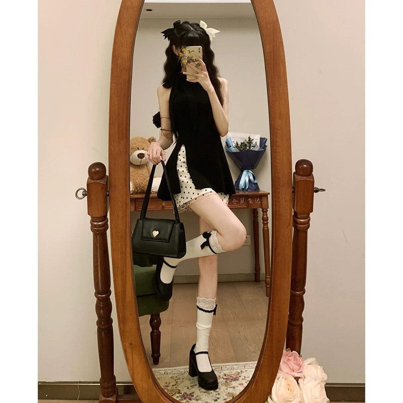 suit Women's Summer New Korean Style Design Sense Black Elegant Split Top High Waist Wave Dot Trendy Skirt