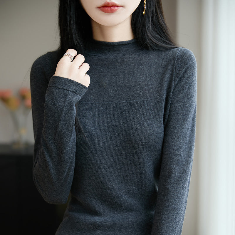 Sweater Women's Autumn and Winter Rolled Edge Half Turtleneck Knitted Sweater Thin Long-Sleeved Knitted Bottoming Shirt Women's Top Cross-Border Sweater