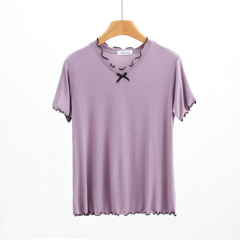 Spring and Summer 2023 New Modal Cotton Pajamas Women's Summer Short-sleeved Flex V-neck Bow Thin Age-reducing Top